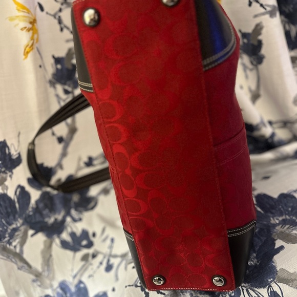 Coach Red Signature Hampton Satchel Handbag Red Leather Trim STYLE F13975. - Picture 6 of 16